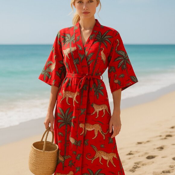 100% Cotton Bath Robe /Kimono Red One Size - Picture 2 of 5